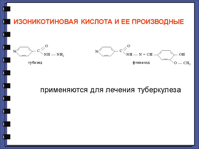 ИЗОНИКОТИНОВАЯ КИСЛОТА И ЕЕ ПРОИЗВОДНЫЕ   применяются для лечения туберкулеза